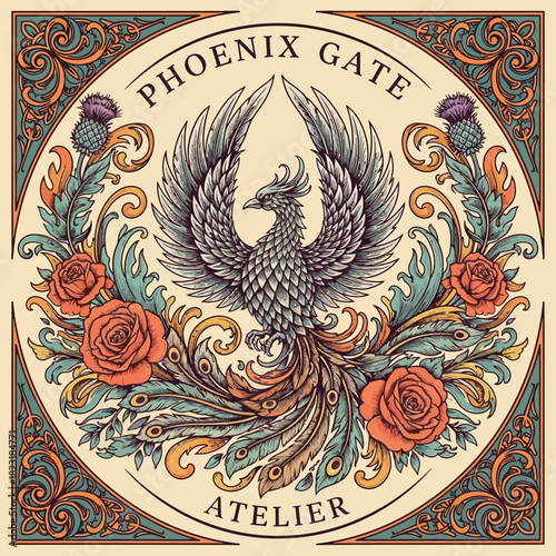 Phoenix Gate Atelier - Intricate Phoenix Illustration with Floral Accents.