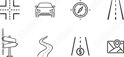 Road and Navigation Thin Line Vector Icon Set Car Compass Map Signpost Transportation Symbols