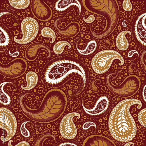 Seamless red Paisley pattern featuring intricate teardrop motifs and elegant curved lines.Perfect for textiles, wallpapers, fashion prints, packaging, backgrounds, and any creative project requiring 