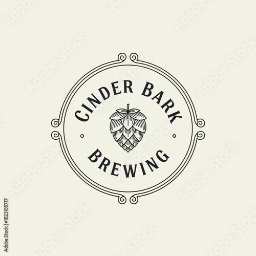 Vintage Cinder Bark Brewing logo with hop cone illustration.