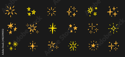 Hand drawn star background element line icon set. Cute gold star shape twinkle glitter spark shine crayon texture brush icon. Hand drawn sketch doodle. Yellow chalk decoration vector illustration