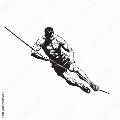 Muscular Athlete Climbing Rope Silhouette Vector on white background
