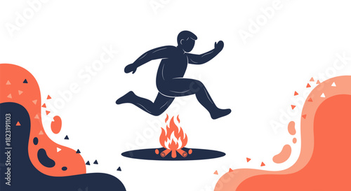 An illustration depicts a person jumping over a fire, symbolizing overcoming obstacles and challenges with determination.