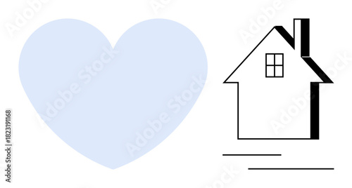 Large blue heart paired with minimal house outline, symbolizing love, comfort, and home. Ideal for family, real estate, charity, housing relationships wellbeing support. Simple flat metaphor