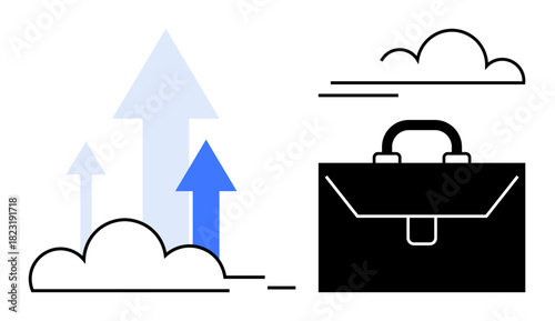 Arrows pointing upward among clouds beside a briefcase represent success, career advancement, and opportunity. Ideal for growth, progress, business goals, ambition, leadership, strategy simple flat