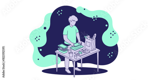 A person organizes groceries and other items on a table, with an abstract background, showcasing everyday life and domestic activities.