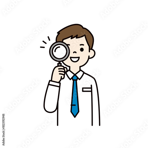虫眼鏡を覗いて分析する、若い男性のシンプルな上半身ベクターイラスト素材＿カラー