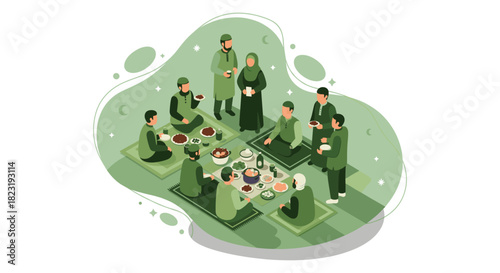 An illustration depicts a diverse group of people gathering for a shared meal, fostering community and togetherness in a warm setting.
