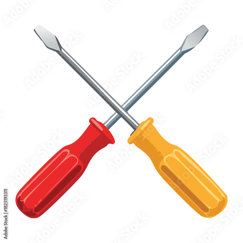 Crossed red and yellow manual screwdrivers for hardware store branding and professional construction service logo design elements