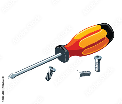 Professional screwdriver tool with orange handle and metal screws for assembly work and industrial hardware maintenance tasks