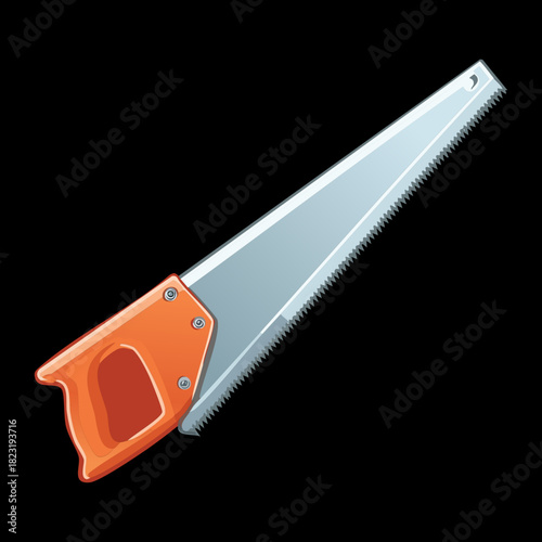 Sharp steel hand saw with orange handle for manual woodworking and professional carpentry building maintenance and repair services