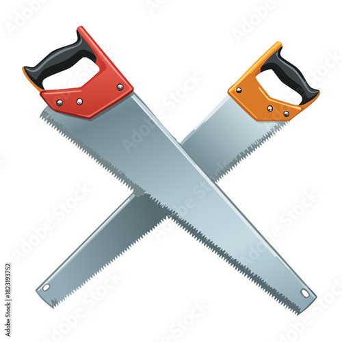 Pair of crossed hand saws with red handles for woodworking workshop branding and professional carpentry tool set illustration