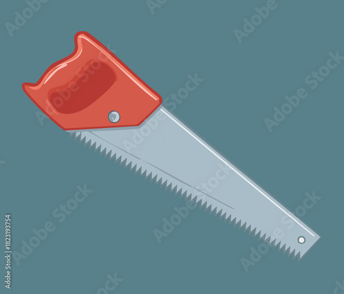 Close up view of a professional hand saw blade with red handle for hardware catalog and carpentry workshop manual