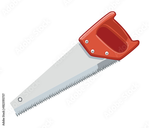 Industrial grade hand saw with red handle and sharp steel teeth for professional carpentry and heavy duty woodworking