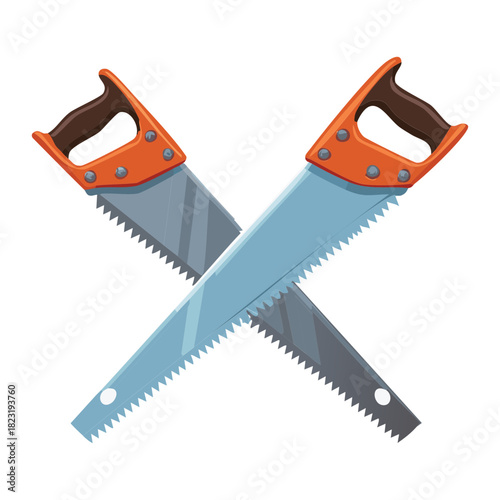 X shape crossed carpentry hand saws with brown handles for woodworking industry logo and building construction service emblem