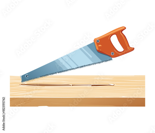 Manual hand saw tool on wooden board for carpentry craft and professional building construction maintenance tasks design concept