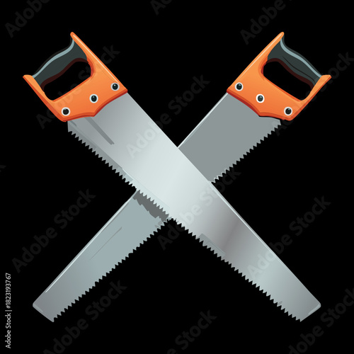 Crossed professional hand saws with orange handles for carpentry service branding and hardware store promotional graphic design illustration