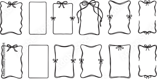 Set of rectangular vertical scroll ribbon frames with cute bows. Menu, bachelorette party, wedding, birthday, Christmas design elements. Coquette stile. Art nouveau motive. Crayon, charcoal drawing ve