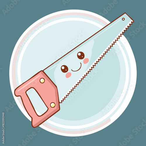 Cute cartoon hand saw character with smiling face for children woodworking education and fun carpentry craft projects