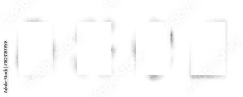 Sprayed noise rectangle frame collection. Black stipple gradient boarder bundle for text box, banner, poster, template. Black dotted grain border set. Vector rough spray stencil graffiti effect frames