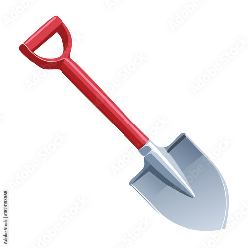 Heavy duty metal shovel with red handle for construction site digging and professional gardening or landscaping jobs