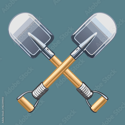 Pair of crossed gardening shovels with gray metal blades and wooden handles for landscaping and manual labor icon