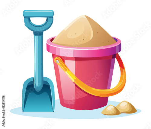 Blue toy shovel standing next to a red bucket filled with sand for beach play or sandbox fun