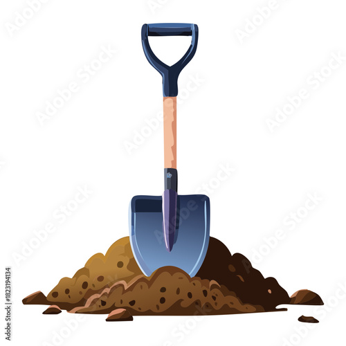 Metal shovel stuck in a pile of brown soil or dirt for gardening landscaping and construction work concept