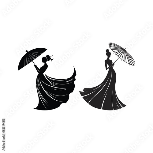 Elegant black silhouette vector illustration featuring two fashionable women in long flowing dresses, each holding a parasol or umbrella