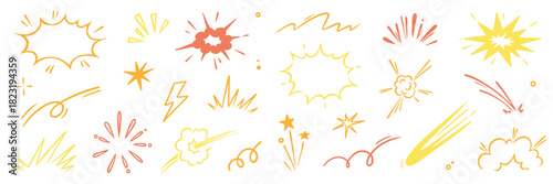 Explosive surprise comic line golden effect set. Hand drawn doodle cartoon speed effect, gold explosive burst action elements. Comic cartoon surprise line luxury shapes. Vector illustration.