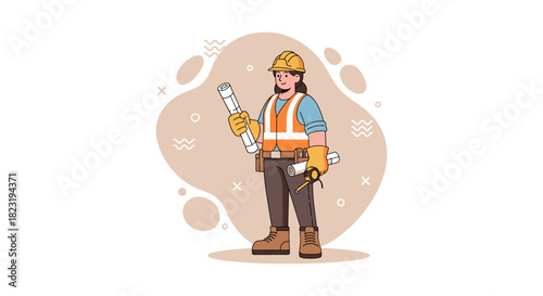 A female construction worker in a hard hat and safety vest holds blueprints, showcasing her role in the building process and design.