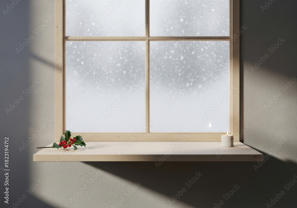 Naklejka premium Winter Window Scene with Snow Falling Outside and Festive Holly Decoration.