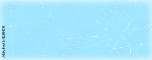 Scratched ice surface texture. Blue icy background with skate traces, cracks, scratches. Winter sport rink backdrop. Frozen lake or pond water wallpaper with dots, spots and lines. Vector illustration