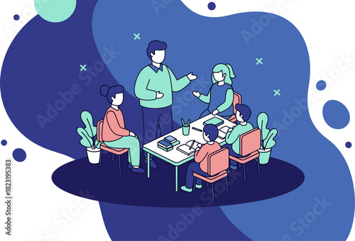 A group of people, including a teacher, are gathered around a table engaged in a collaborative discussion and learning session.