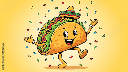 A cheerful cartoon taco wearing a sombrero and dancing happily amidst falling confetti on a vibrant yellow background, celebrating a festive occasion.
