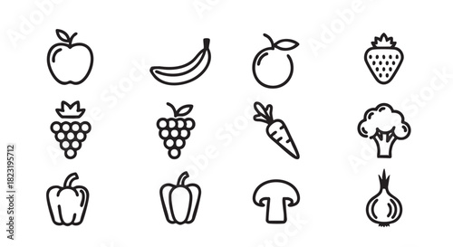 Minimalist fruit and vegetable icons in simple black line art style