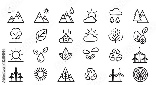 Outline icons representing nature and sustainability initiatives with mountains and trees