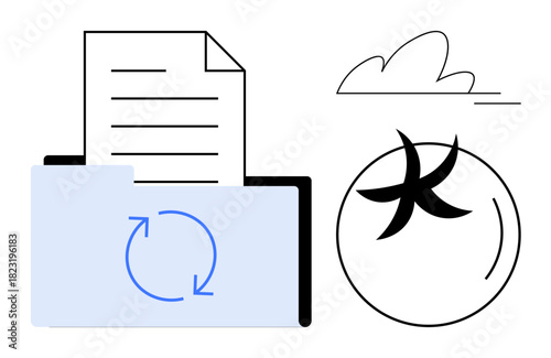 Folder with document, refresh arrows indicating process repetition or update, and a stylized clock face with a cloud. Ideal for time, productivity, workflow, data management, scheduling, archives