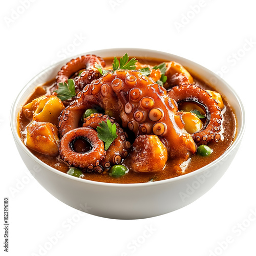 Octopus Stew with Potatoes and Peas on a transparent background