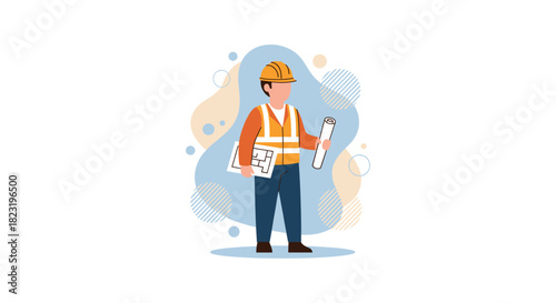 An illustrated construction worker stands holding blueprints and wearing a safety vest and hard hat, ready for a project.