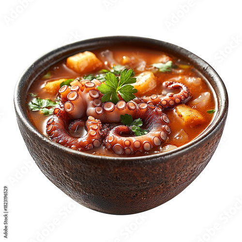 Rustic Octopus Stew with Potatoes and Herbs on a transparent background