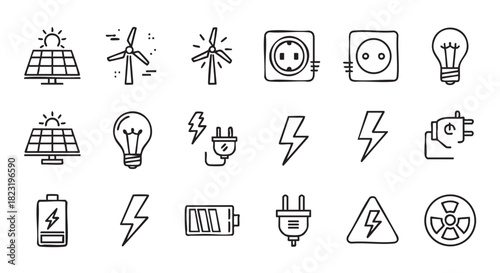 Renewable energy symbols on a white background representing ecological solutions