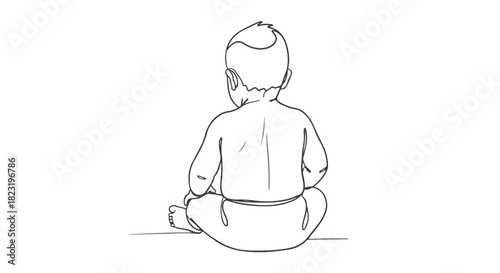 Continuous line art drawing of a baby viewed from behind, simple single stroke illustration