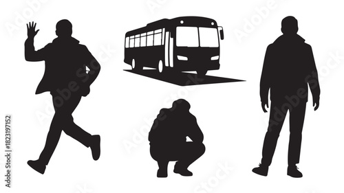 Set of bus and people silhouettes vector illustration of transportation and human activity isolated on white background