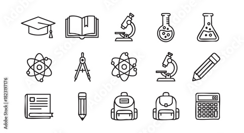 Simple icons representing education science and learning in minimalist design