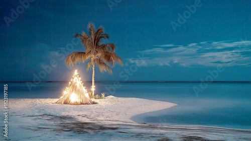 Fototapeta Naklejka Na Ścianę i Meble -  Illuminated Christmas Tree on a White Sand Beach Island at Night
