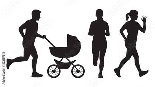 Set of running people silhouettes including a man with a stroller vector illustration for fitness and active lifestyle concepts isolated on white background