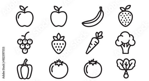 Variety of fruit and vegetable icons in simple black outline style