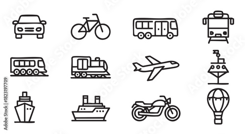 Variety of transportation methods shown in simple line art style