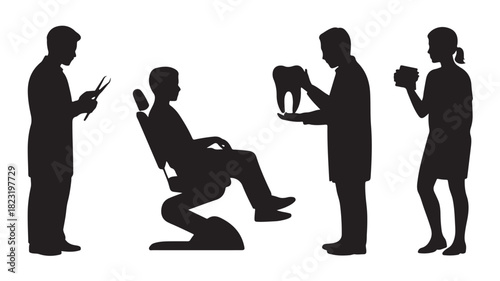 Dental care silhouette set featuring dentists patients and equipment vector illustration for medical design